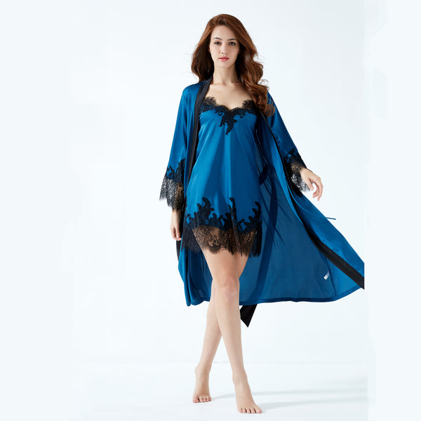 Sarah-Beautiful Bleu Lace embroidered  silk satin robe