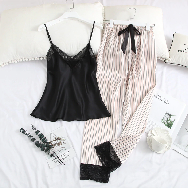 Deborah's-Black Shirt Pajamas Set Silk Like Sexy V Neck Set