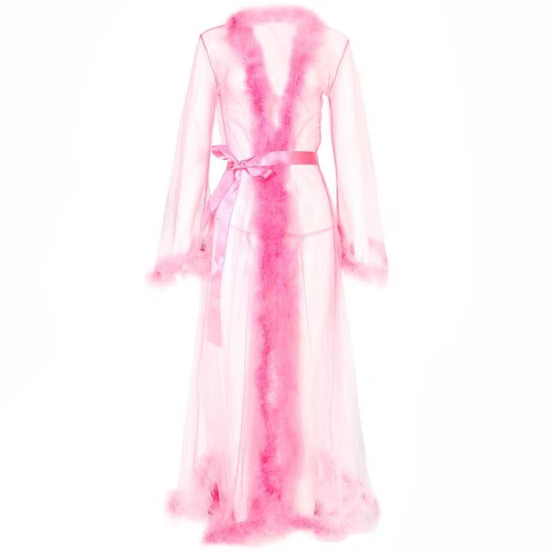 Esther-Long women  Fur sheer Robe mesh Trim Sexy Lingerie