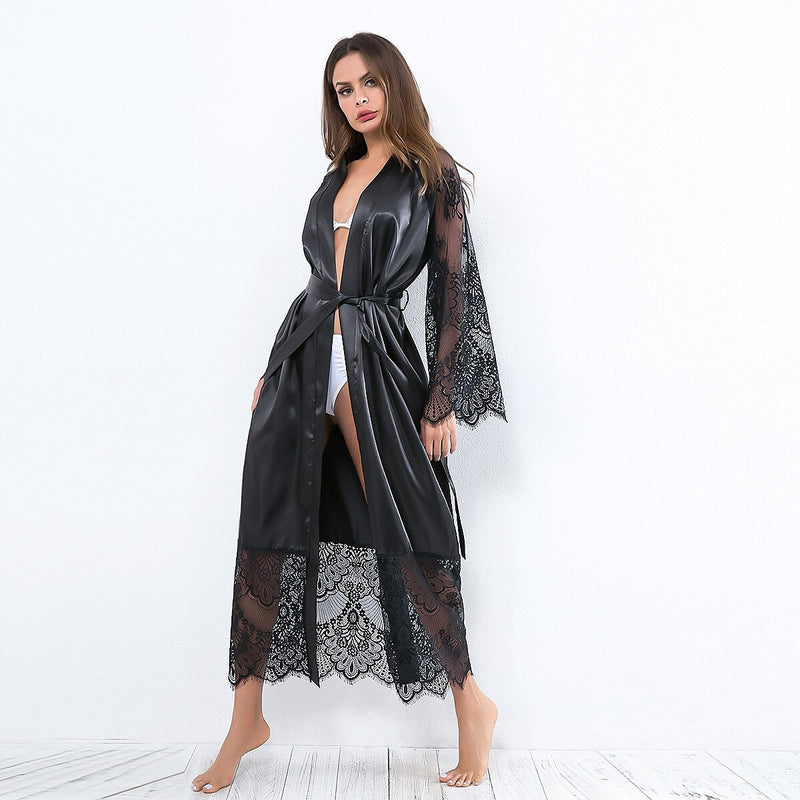 Long Maxi Sleepwear  Lace Nightgown Ladies V-Neck  Satin Bath Robe