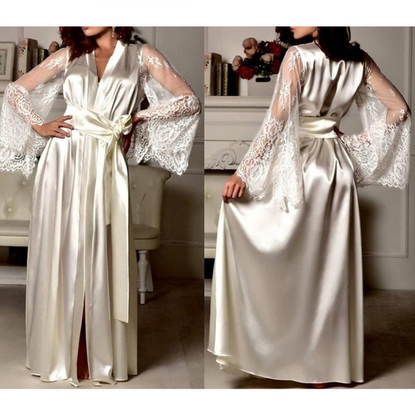 Queen Esther - White Elegant Silk and Fine Lace Robe Night Gown