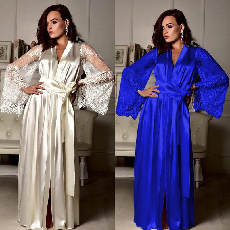 Queen Esther - Blue and Pink Elegant Silk and Fine Lace Robe Night Gown