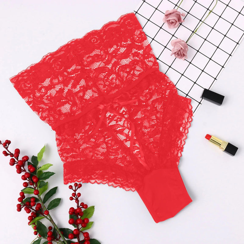 High Waist Even Body Pants Red Large Size Lace Thong Underwear