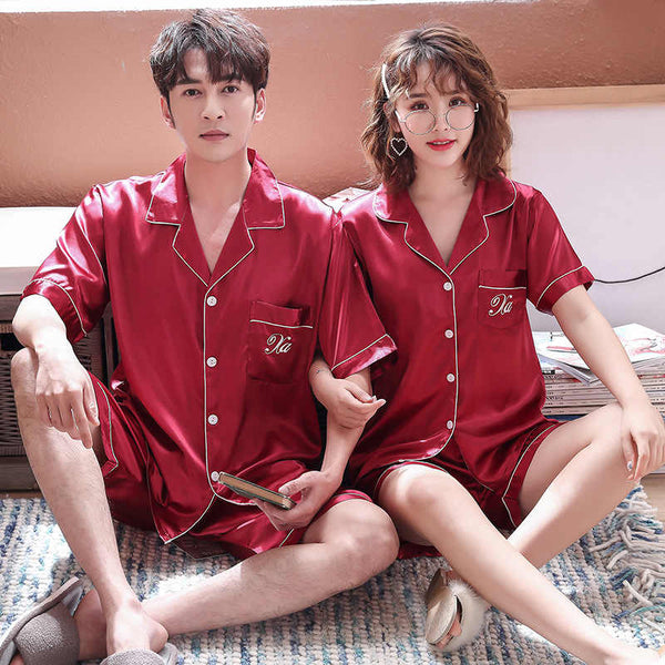 Summer New Fashion Matching Couple Pajama Sets Imitated Silk Fabric Pyjama Suit Nightwear