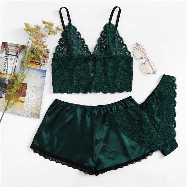 Rachelle-Sexy Satin Lingerie Lace Shorts Set Women Underwear