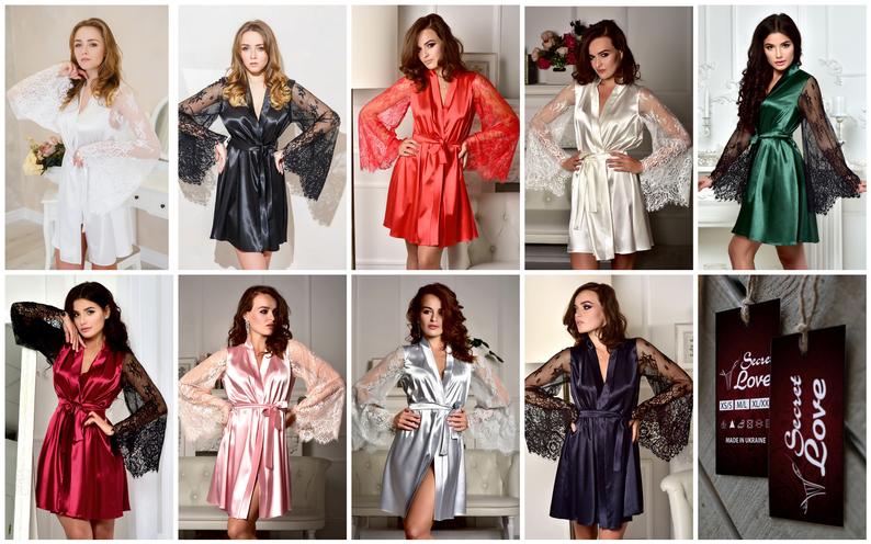 Black kimono robe Satin  gown Bridal party robe Robe with lace sleeves