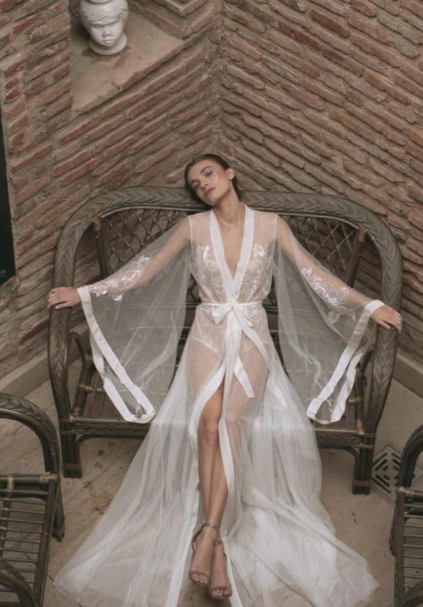 Ruth - Long  Lace Wedding Robes Sheer Night Bridal Gown