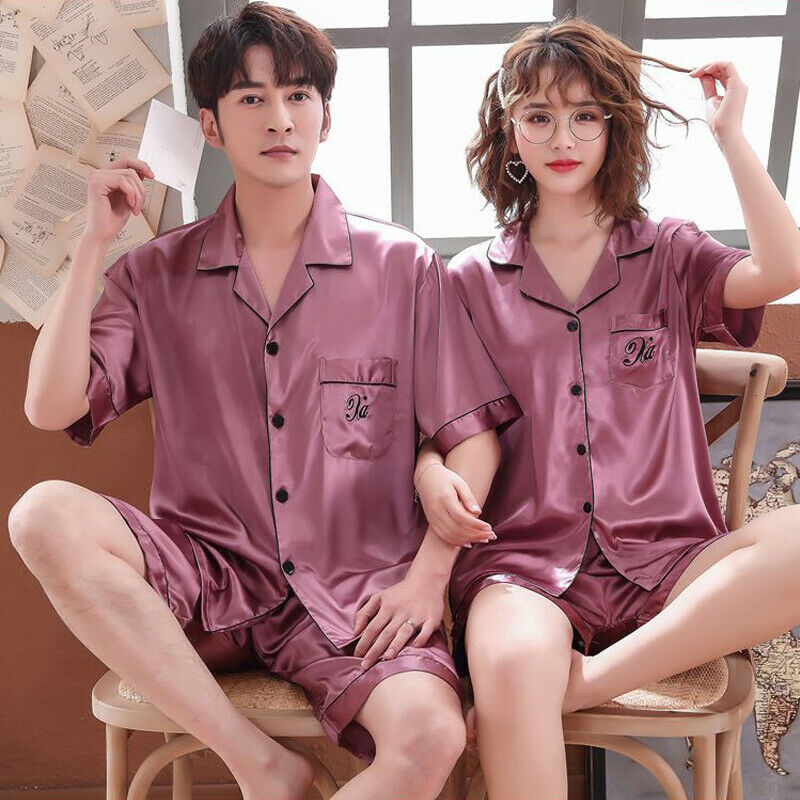 Summer New Fashion Matching Couple Pajama Sets Imitated Silk Fabric Pyjama Suit Nightwear