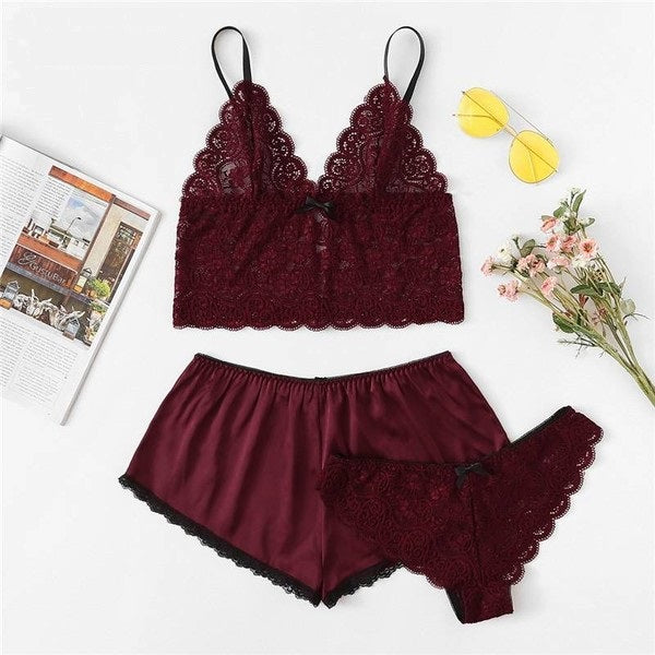 Rachelle-Sexy Satin Lingerie Lace Shorts Set Women Underwear